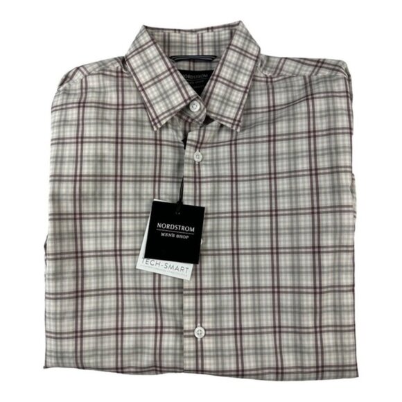 Nordstrom Trim Fit Button Down Dress Shirt Beige and Red Plaid Size S - Picture 3 of 9